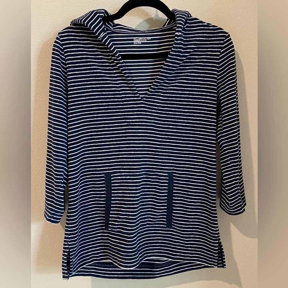 GAP BODY Cozy Hooded Terry Blue White Stripe Casual Boat Beach Nautical Sz Small